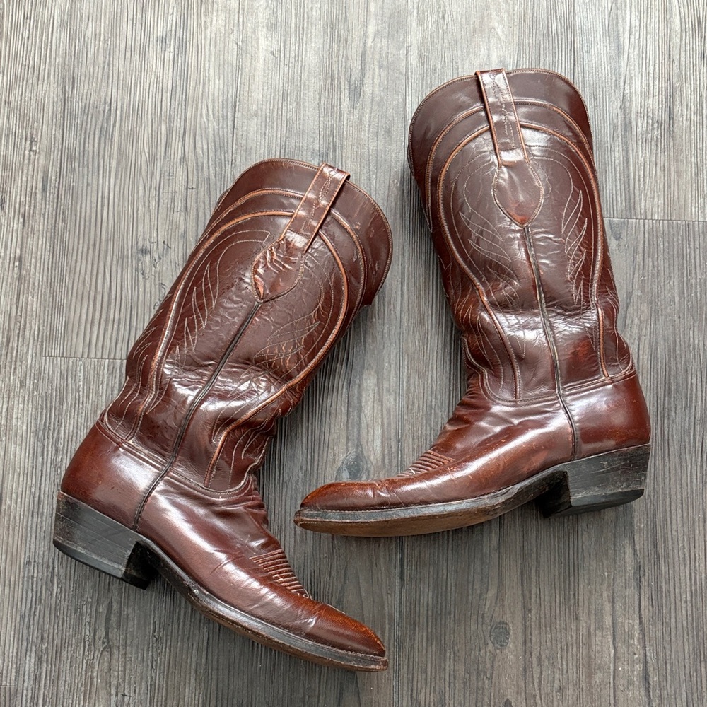VINTAGE LUCCHESE CHERRY RED BROWN LEATHER SQUARE TOE COWBOY BOOTS MENS 9D